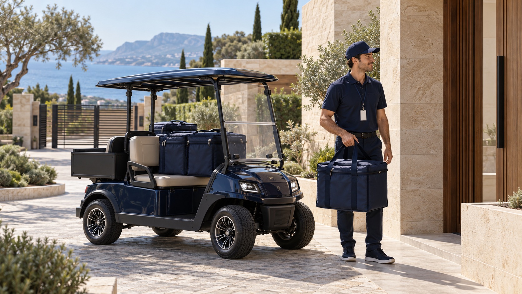 Illustrative image of an identified delivery worker and golf cart at a residential villa